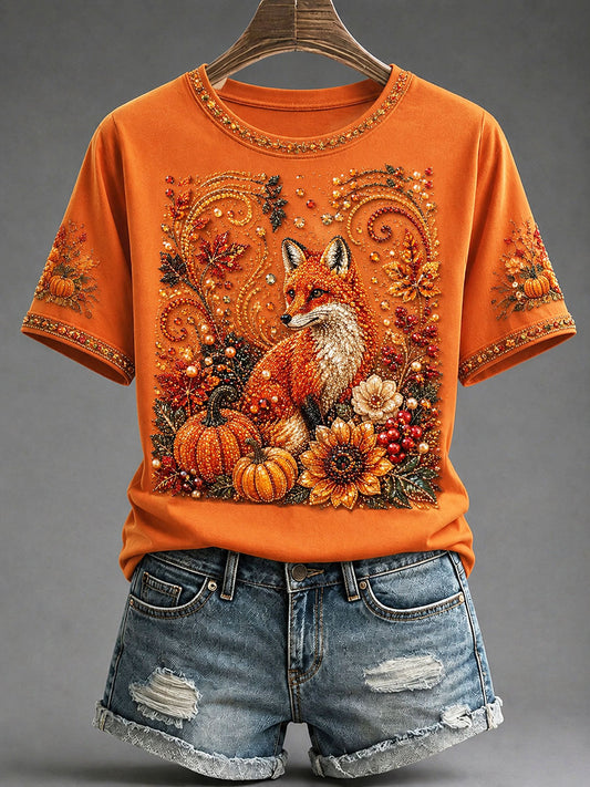 Women's Autumn Fox Pumpkin Floral Print T-shirt