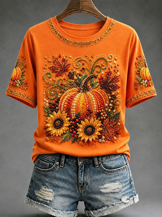 Women's Autumn Pumpkin Floral Print T-shirt