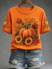 Women's Autumn Pumpkin Floral Print T-shirt