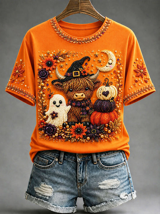 Women's Autumn Highland Cow Ghost Pumpkin Floral Print T-shirt