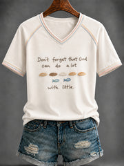 Women's “Don't forget that God can do a lot with little” Printed V-neck T-shirt