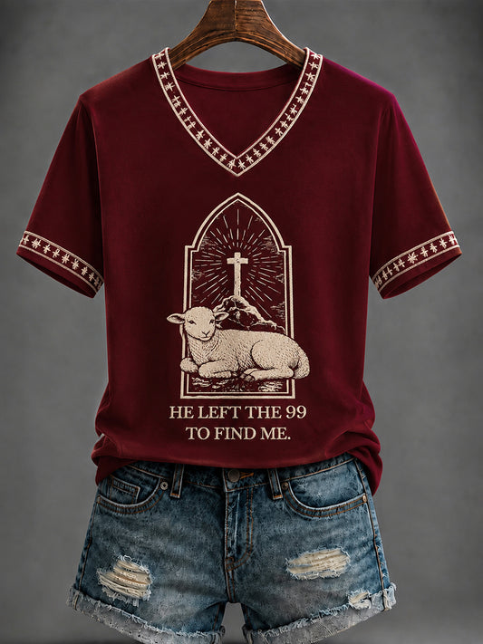 Women's “He left the 99 to find me ”Printed V-neck T-shirt