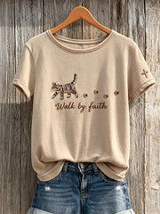 Women's Walk By Faith Tabby Cat & Paw Prints short-sleeved T-shirt