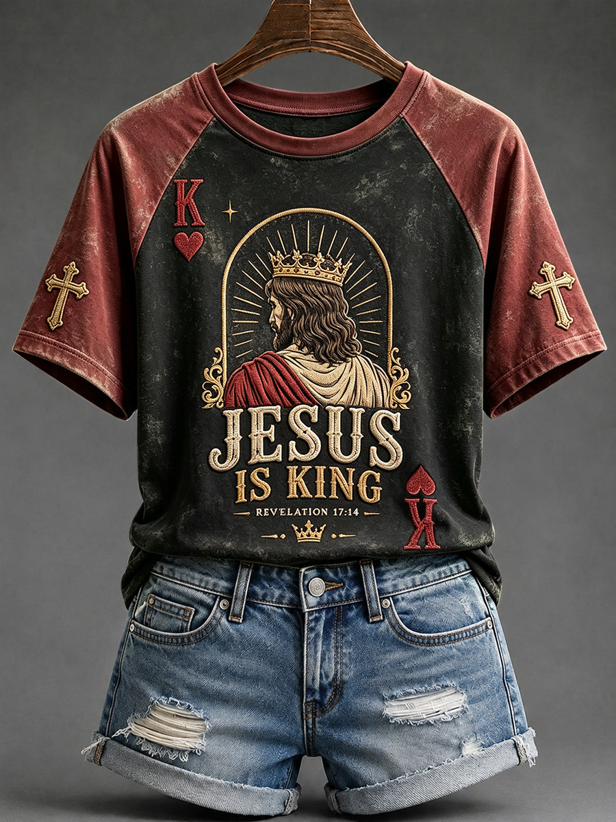 Women's Vintage Jesus Is King Playing Card Art Print Round Neck Short Sleeve T-shirt