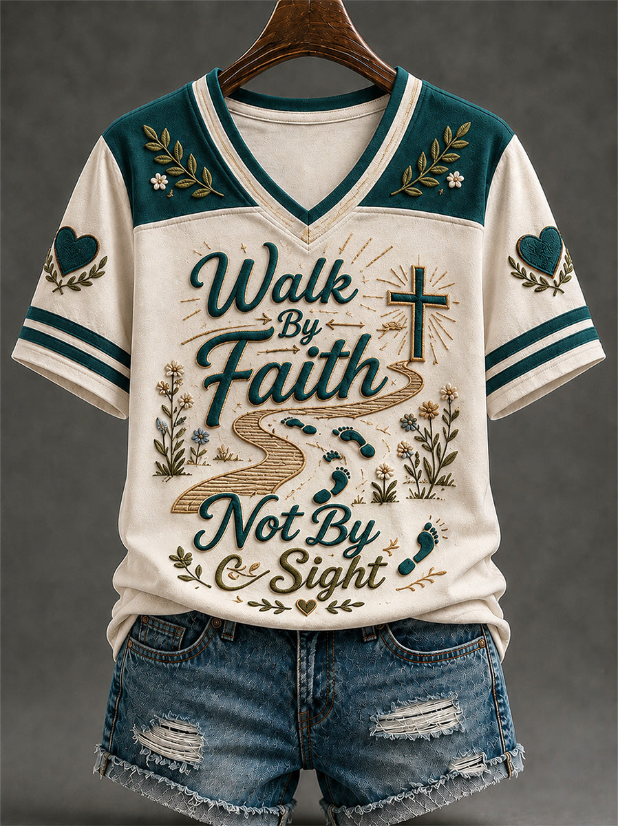 Women's Walk by Faith Not by Sight Print Casual V-Neck Tee