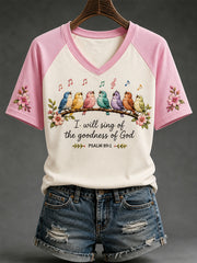 Women's I Will Sing Of The Goodness Of God Birds Print Casual V-Neck Tee
