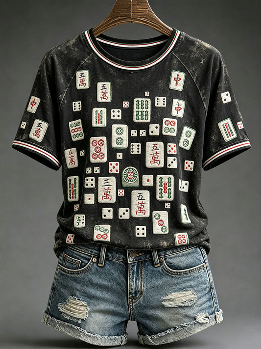 Women's Casual Mahjong-Print T-Shirts