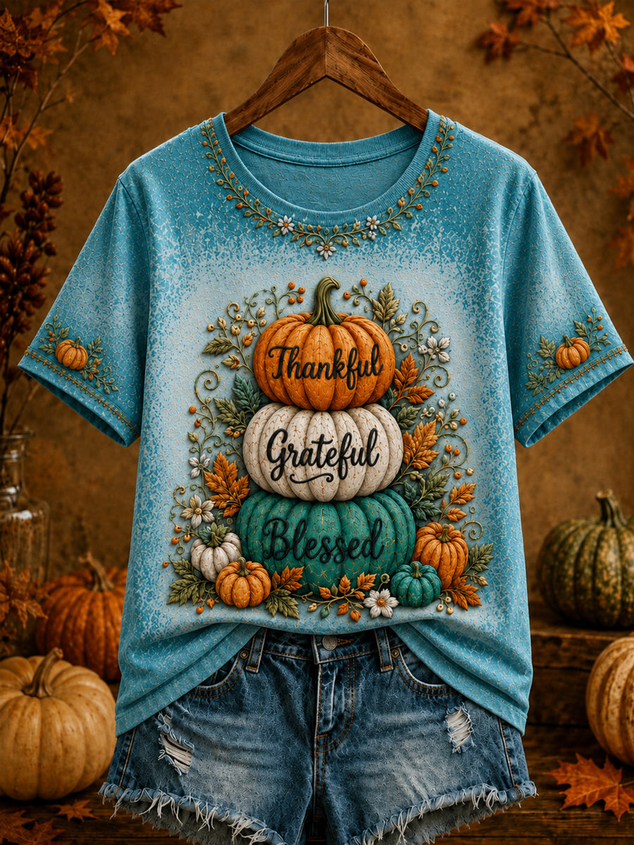 Women's  Thanksgiving  Thankful Grateful Blessed Pumpkin Art Print Short Sleeve T-shirt