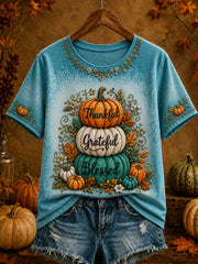 Women's  Thanksgiving  Thankful Grateful Blessed Pumpkin Art Print Short Sleeve T-shirt