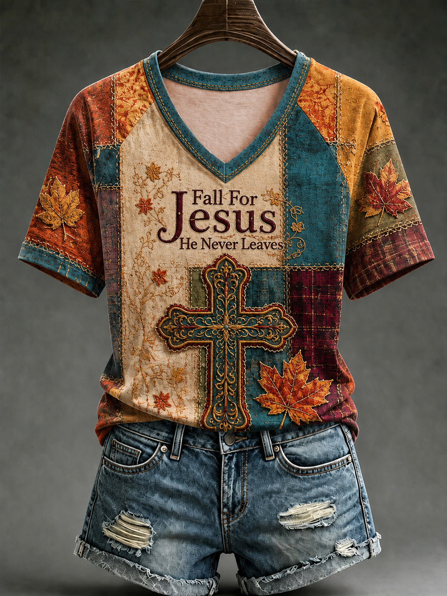 Women's Fall Jesus Cross Art Short Sleeve T-shirt