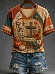 Women's Fall Jesus Cross Art Short Sleeve T-shirt