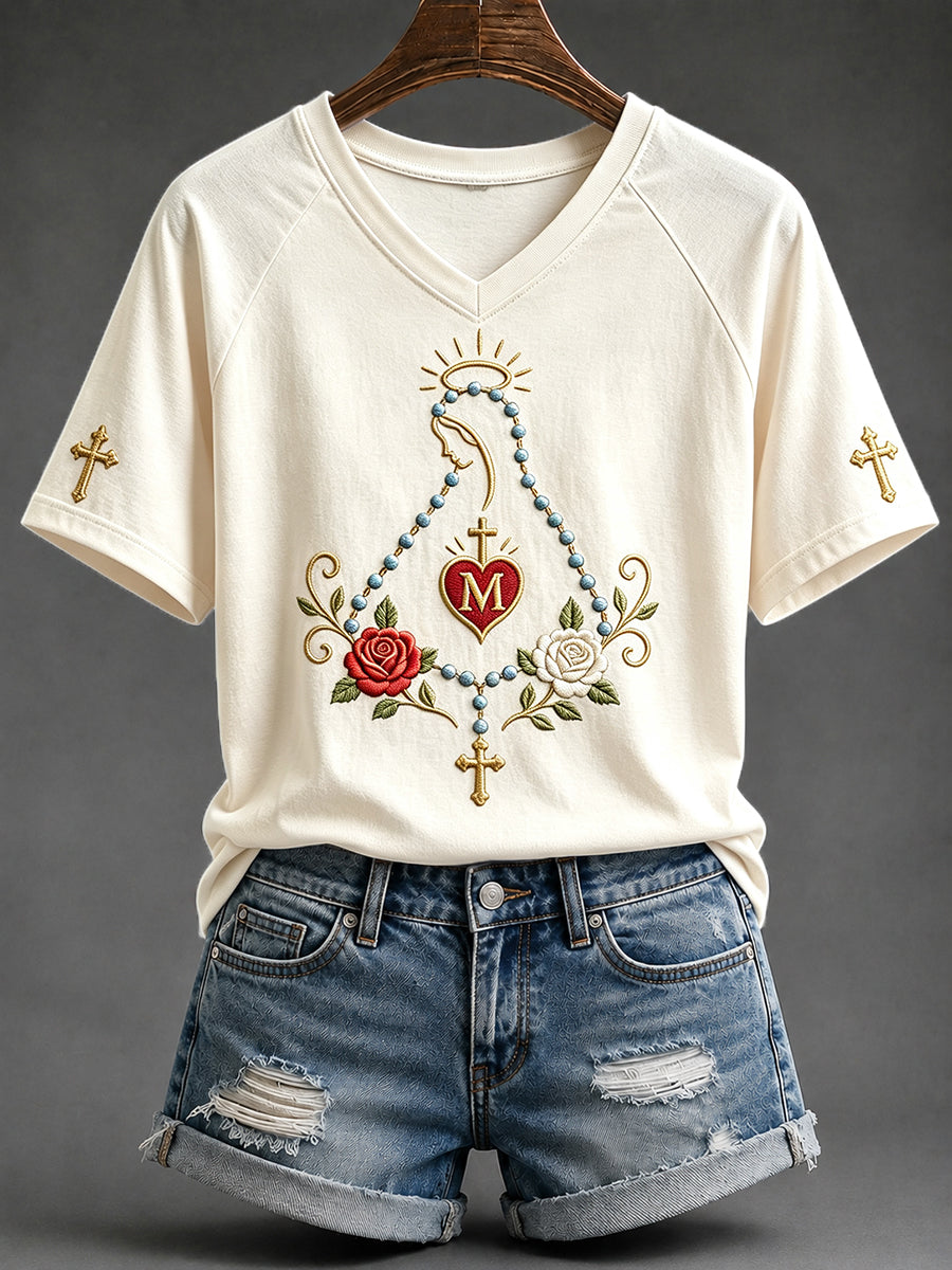 Women's Virgin Mary Print V-neck Short-sleeved T-shirt