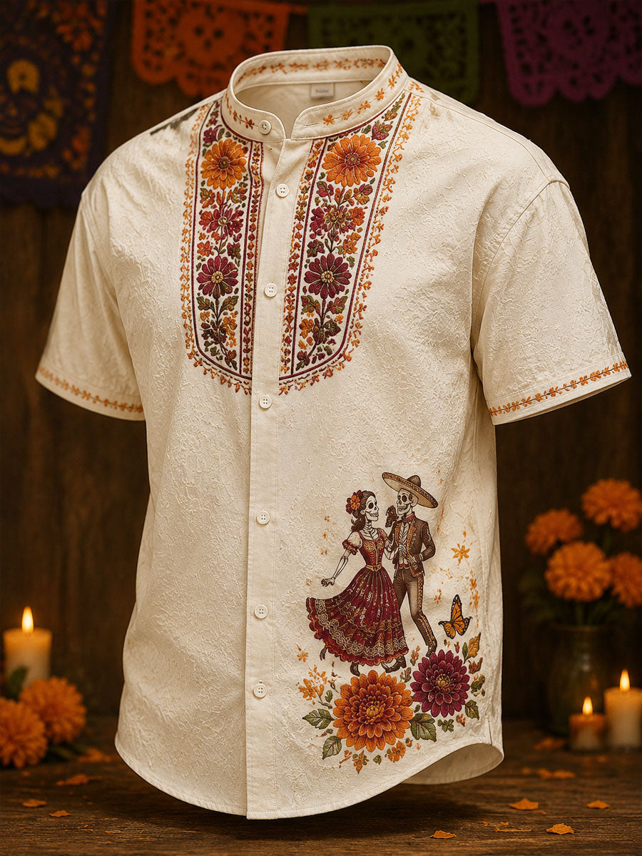 Men's Mexico Day of The Dead Art Printed Linen Shirt