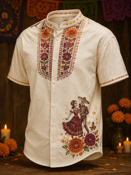 Men's Mexico Day of The Dead Art Printed Linen Shirt