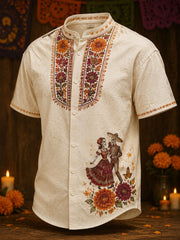 Men's Mexico Day of The Dead Art Printed Linen Shirt