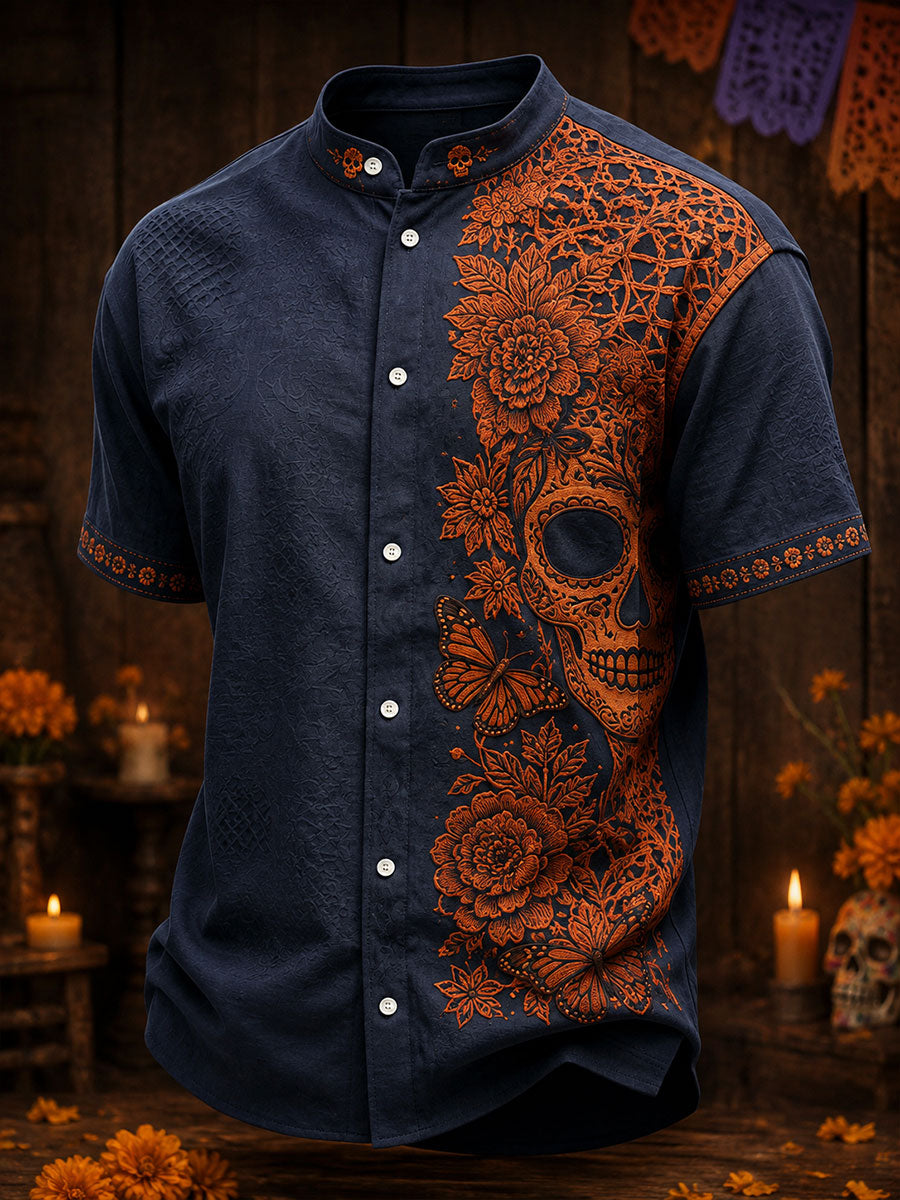 Men's Mexico Day of The Dead Art Printed Linen Shirt