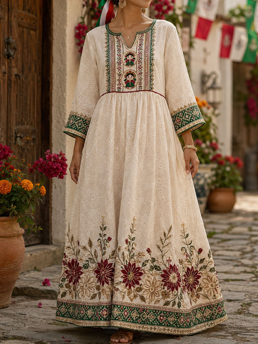 Women's Mexico Lele Doll Floral  Art Printed Linen Dress