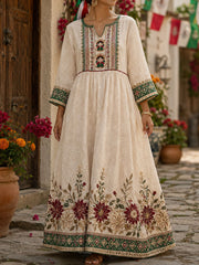 Women's Mexico Lele Doll Floral  Art Printed Linen Dress