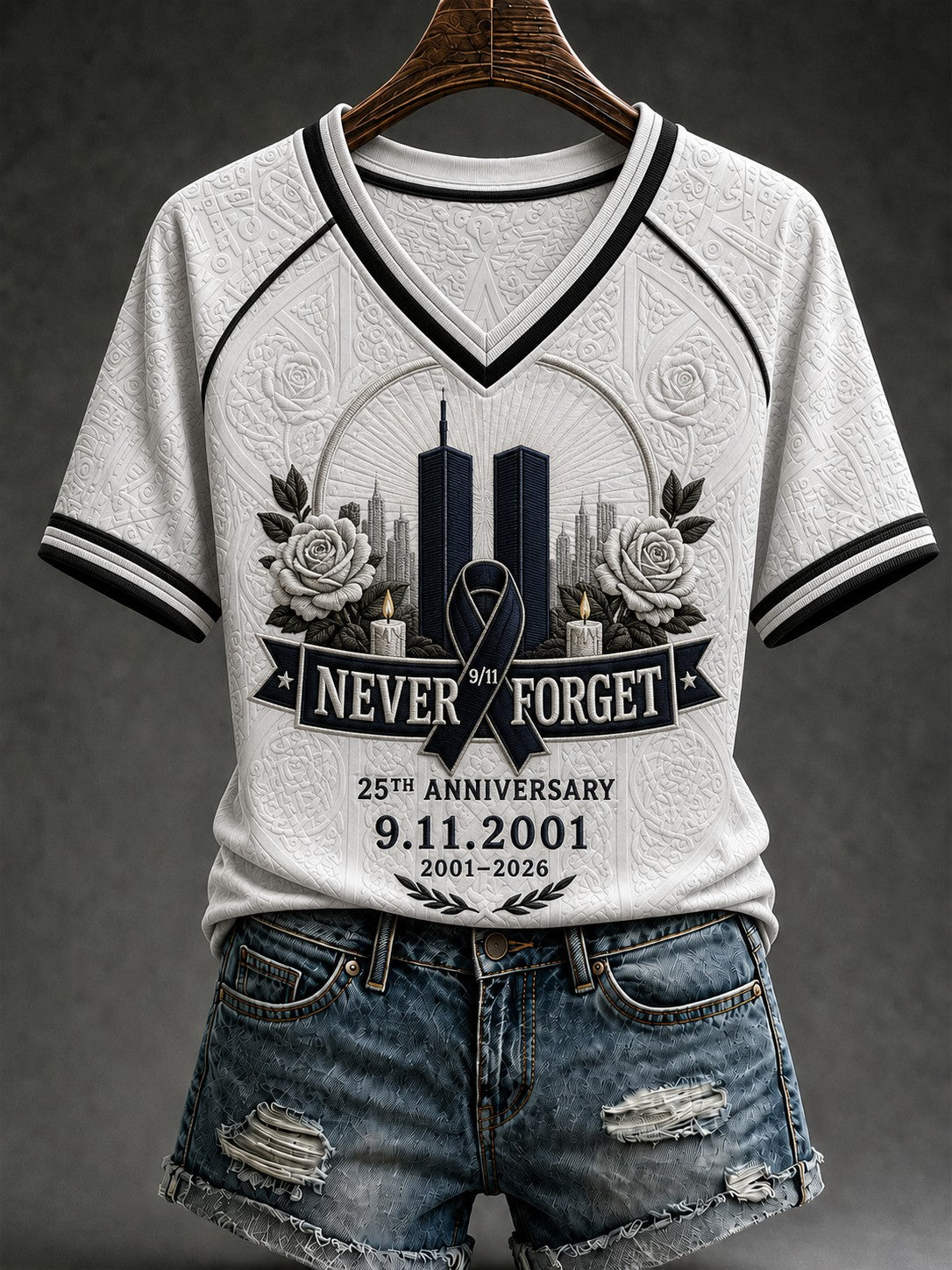 Women's 9.11 Never Forget Printed V-neck T-shirt
