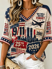 Women's We Will Never Forget 9 11 September 11  Mid-length Sleeves V-Neck T-Shirt