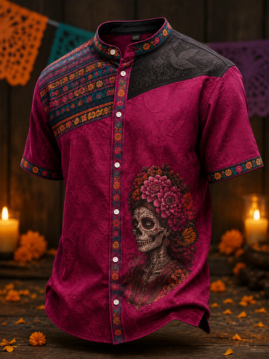 Men's Mexico Day of The Dead Floral Art Printed Linen Shirt