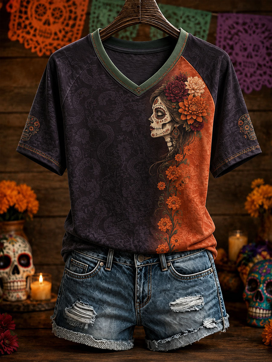 Women's Mexico Day of The Dead Floral Art Printed T-shirt