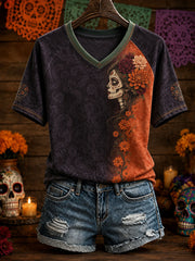 Women's Mexico Day of The Dead Floral Art Printed T-shirt