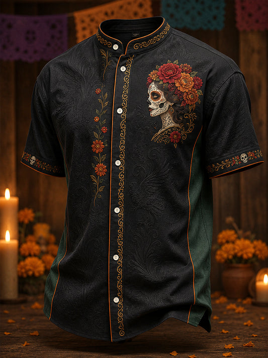 Men's Mexico Day of The Dead Floral Art Printed Linen Shirt