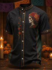Men's Mexico Day of The Dead Floral Art Printed Linen Shirt