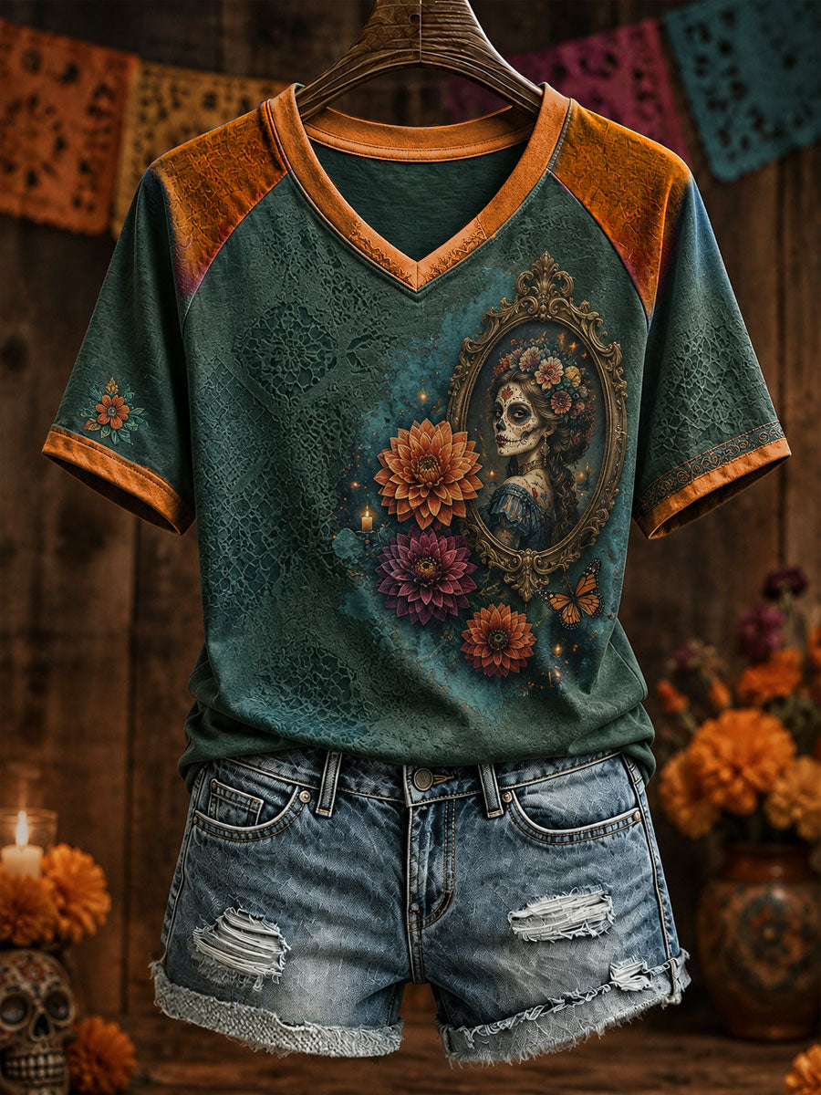 Women's Mexico Day of The Dead Floral Art Printed T-shirt