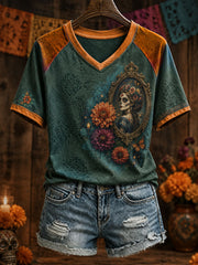 Women's Mexico Day of The Dead Floral Art Printed T-shirt