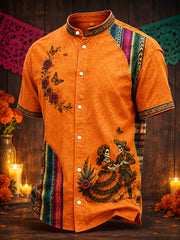 Men's Mexico Day of The Dead Floral Art Printed Linen Shirt