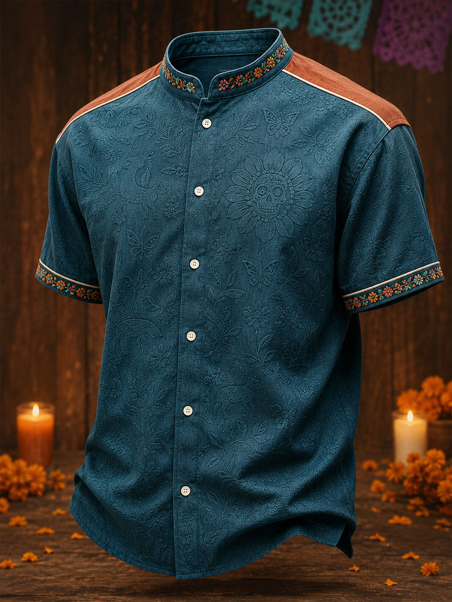 Men's Mexico Day of The Dead Floral Art Printed Linen Shirt