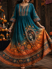 Women's Mexico Day of The Dead Floral Art Printed Linen Dress