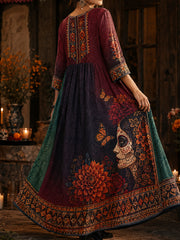 Women's Mexico Day of The Dead Floral Art Printed Linen Dress