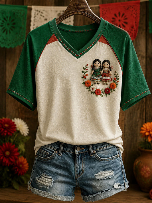 Women's Mexico Lele Doll Floral Art Printed T-shirt