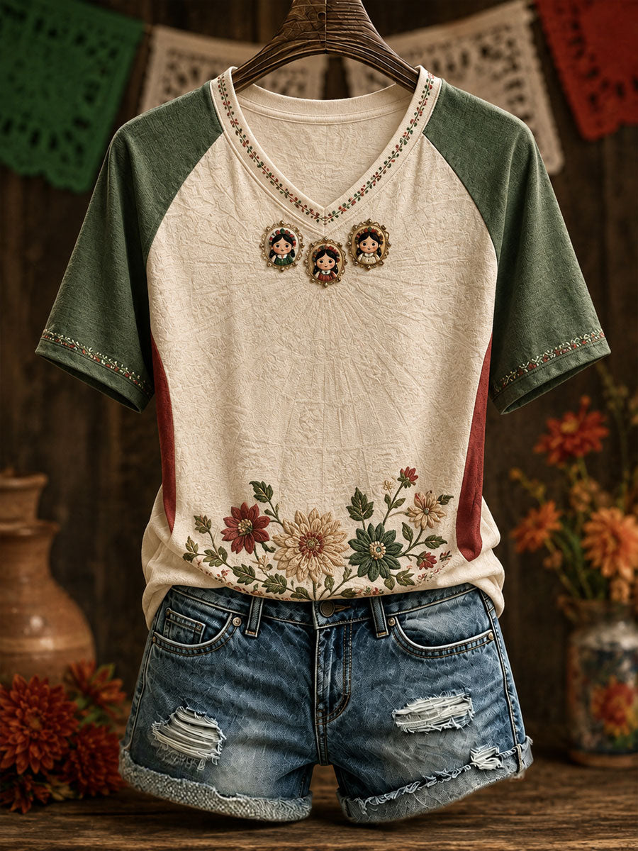 Women's Mexico Lele Doll Floral Art Printed T-shirt