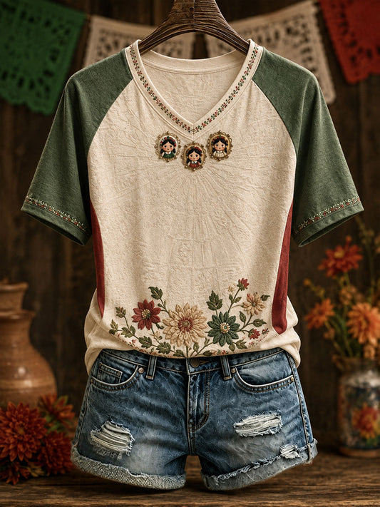 Women's Mexico Lele Doll Floral Art Printed T-shirt
