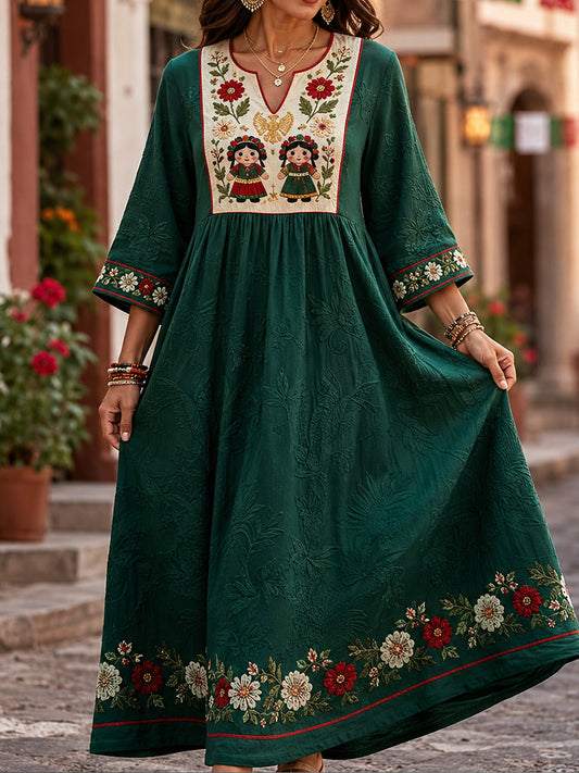 Women's Mexico Lele Doll Floral Art Printed Linen Dress