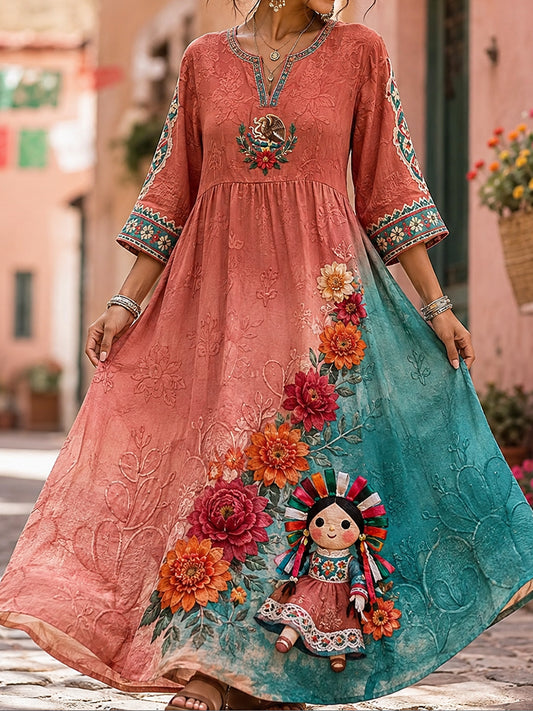 Women's Mexico Lele Doll Floral Art Printed Linen Dress