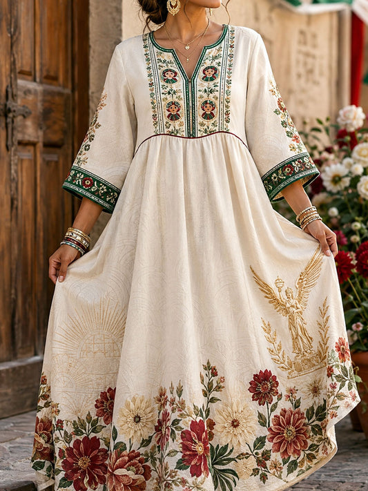 Women's Mexico Lele Doll Floral Art Printed Linen Dress