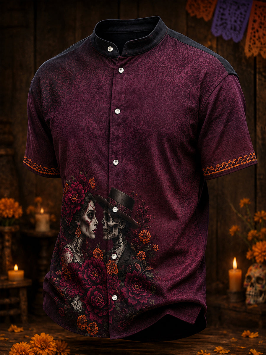 Men's Mexico Day of The Dead Floral Art Printed Linen Shirt