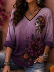 Women's Mexico Day of The Dead Floral Art Printed Linen T-Shirt