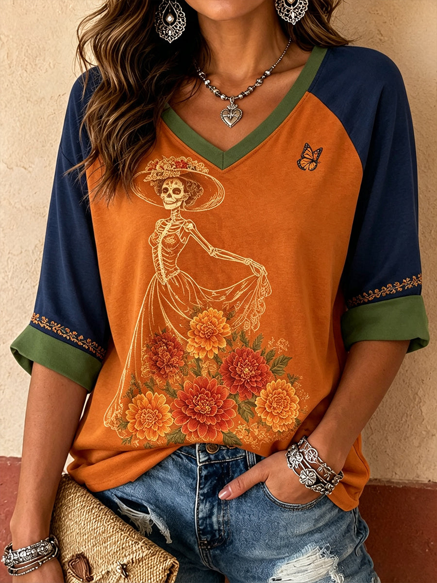 Women's Mexico Day of The Dead Floral Art Printed Linen T-Shirt