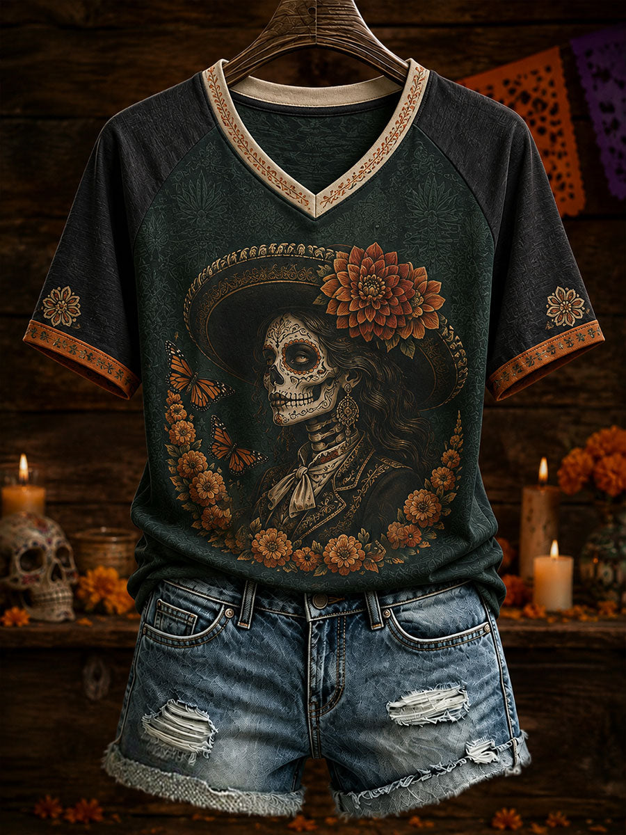 Women's Mexico Day of The Dead Floral Art Printed T-Shirt