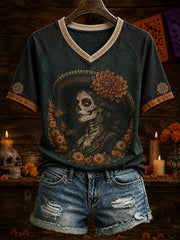 Women's Mexico Day of The Dead Floral Art Printed T-Shirt