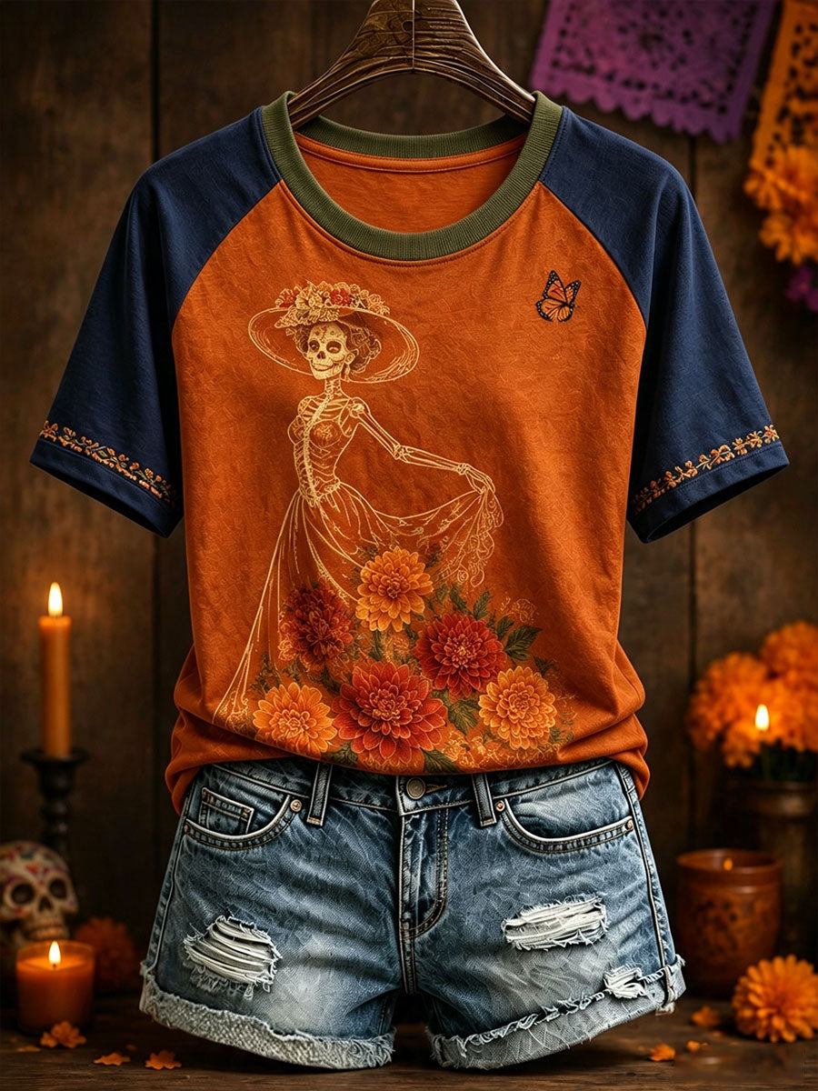Women's Mexico Day of The Dead Floral Art Printed T-Shirt