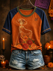 Women's Mexico Day of The Dead Floral Art Printed T-Shirt