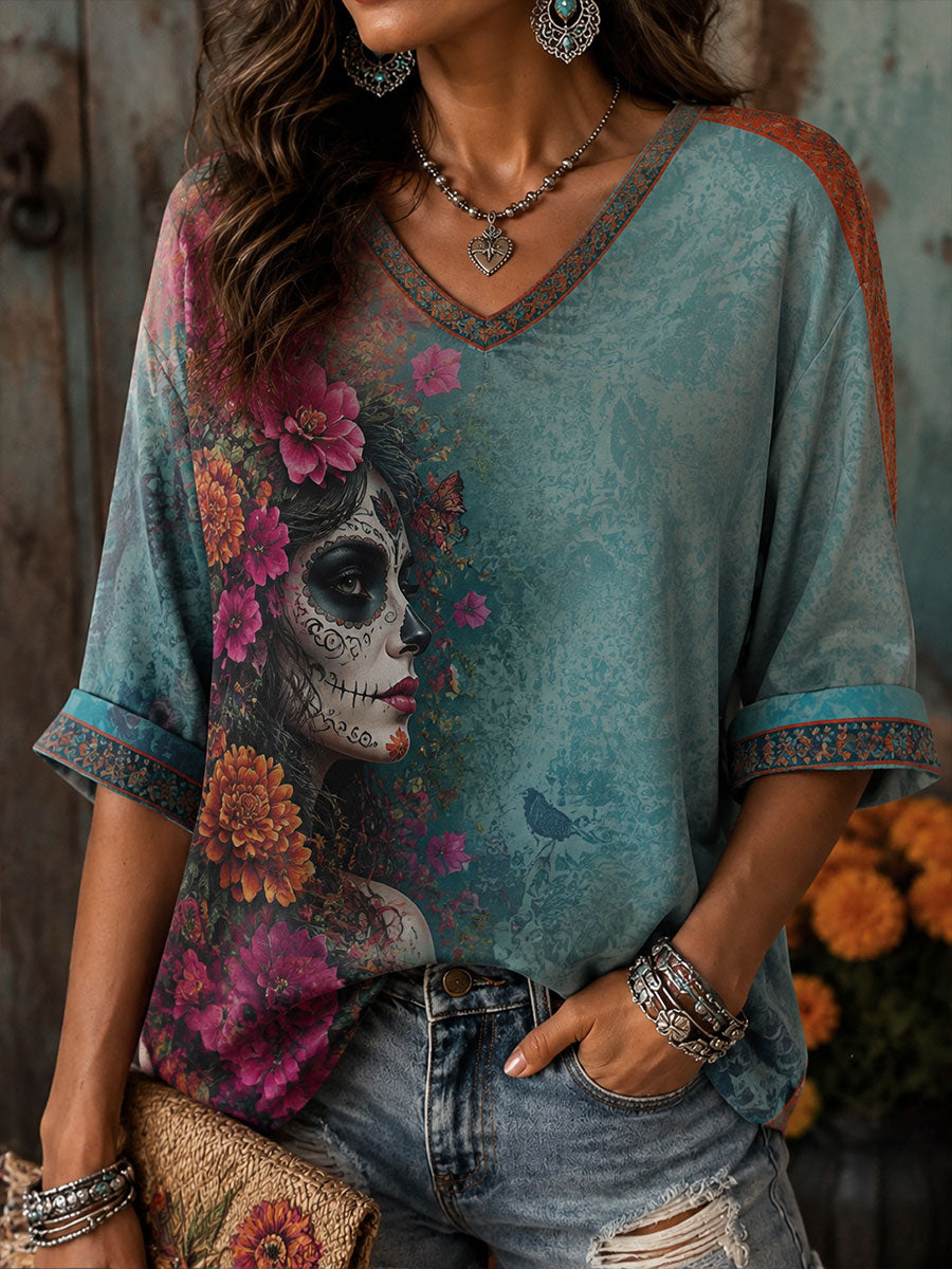 Women's Mexico Day of The Dead Floral Art Printed Linen T-Shirt