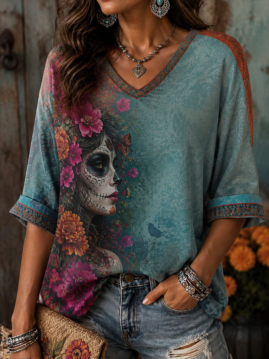 Women's Mexico Day of The Dead Floral Art Printed Linen T-Shirt